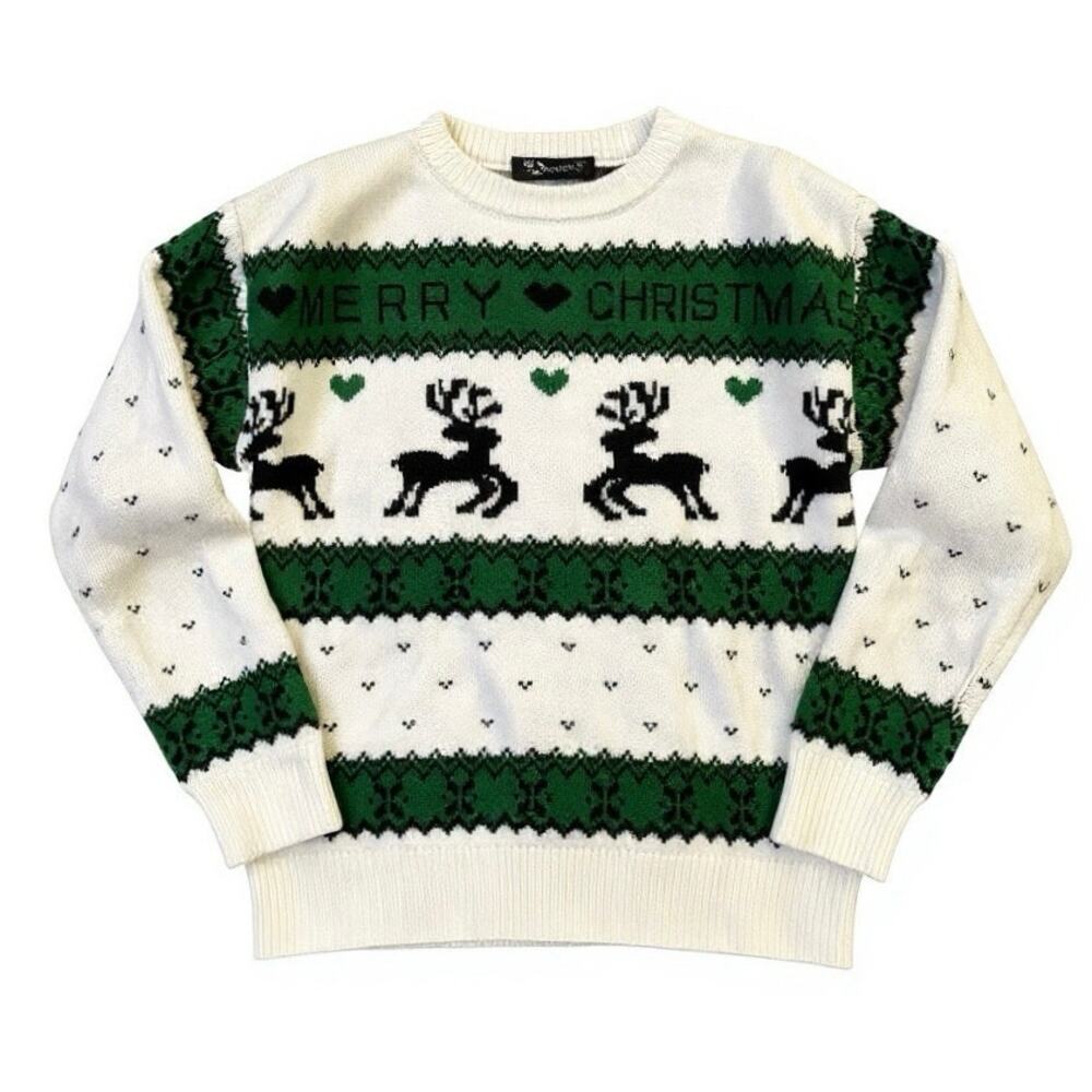 Simplee Knit Christmas Sweater Reindeer Hearts S Small green white pullover soft